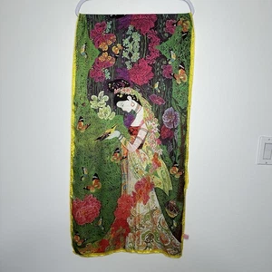 Asian Inspired Silk Scarf Satin Womens One Size Colorful Floral Butterflies Bird - Picture 1 of 9