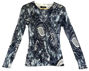 Desigual Sweater Women's Medium Blue Floral Rib Knit Cotton Slim Boho Festival - Picture 1 of 11