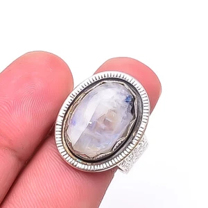Natural Rainbow Moonstone Oxidised Gemstone 925 Sterling Silver Ring s.9 R14 - Picture 1 of 3