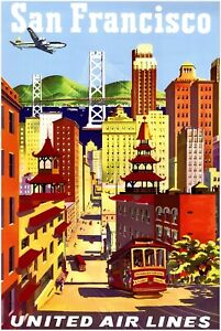San Francisco - United Airlines - Airline Vintage Travel Poster, Retro Posters