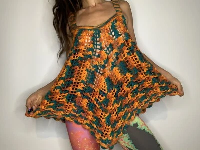 Camisa de vestir de ganchillo hecha a mano colores arte artista verde naranja lana roja única Foto 1 de 4