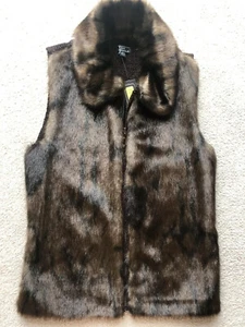 Lisa International Womens Vest Faux Fur Trim Front Zip Up Brown Jacket Small New - Picture 1 of 11