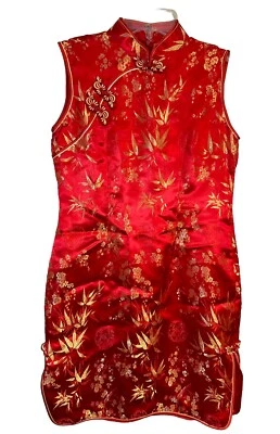 Vestido vermelho asiático feminino Underwraps detalhes dourados fantasia festa floral - Imagem 1 de 4