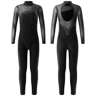 Girls Glitter Rhinestone Ballet Dance Skating Unitard Gymnastic Jumpsuit Catsuit - Image 1 of 4