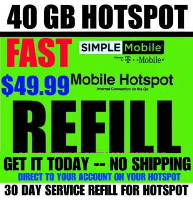 $49.99 SIMPLE MOBILE 40GB HOTSPOT REFILL⭐ FAST -- DIRECT ⭐ TRUSTED USA SELLER ⭐ - Image 1 of 3
