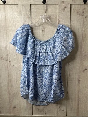Claudia Richard Blue & White Floral Off-Shoulder Blouse Medium - Image 1 of 4
