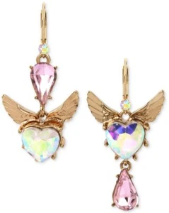 Betsey Johnson Gold-Tone Pink & Iridescent Crystal Heart Wing Mismatch Earrings - Picture 1 of 5