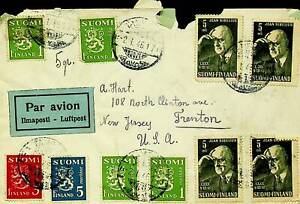FINLAND 1946 POST WWII 10v ON AIRMAIL COVER FROM TAMPERE TO TRENTON NJ USA