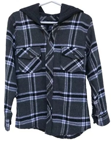 Blue Gear Boys Medium Size 5 NWT Linen Blend Plaid Flannel Hooded Shirt Pockets - Picture 1 of 11