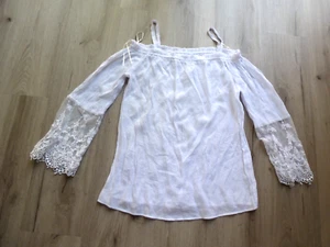 NY Collection Blouse Women's M White Floral Lace Boho Peasant Hole Sleeve Pic#4 - Picture 1 of 13