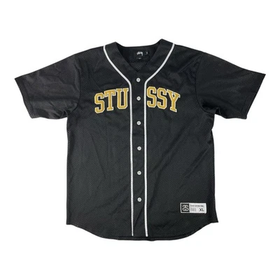 Camiseta de béisbol Stussy International Stitch Spell Out de malla negra amarilla para hombre XL Foto 1 de 4