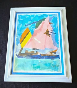Mid Century Modern Abstract Painting Sailboat Mixed Watercolor Decoupage Signed - Picture 1 of 7