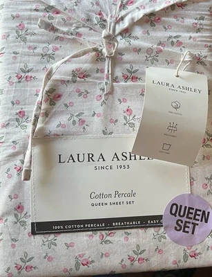 NWT LAURA ASHLEY Evie Queen Size Pastel Green/Pink Floral Cotton Percale Sheets - Image 1 of 3