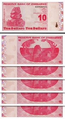 Zimbabwe 10 Dollars 2009, UNC, 5 Pcs LOT, Consecutive, P-94, Prefix AA - Image 1 of 4