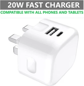 For iPhone iPad Samsung Google Fast 20W USB C + A PD Plug Charger Adapter Cable - Picture 1 of 54