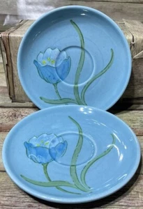 2 Vintage Vernon Ware Metlox Blue Tulips 6" Saucer Plates Beautiful! MCM - Picture 1 of 8
