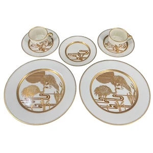 Fitz and Floyd “Golden Heron” 7 Pc Set, 2 Dinner Plates 3 Bread Plates 2 Teacups - Picture 1 of 20