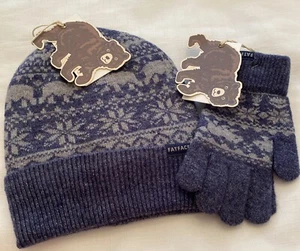 Fat Face Kids Bear Fairisle Beanie & Matching Gloves Size M - New - Blue Marl - Picture 1 of 14