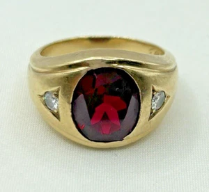 Vintage Men's 14K Yellow Gold Oval Ruby & Diamond Ring Size 7.75 - Picture 1 of 6