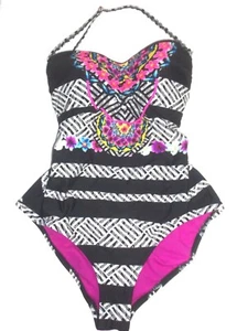 Jessica Simpson Strapless Black & White with Center Floral One Piece Swimsuit M - Picture 1 of 7