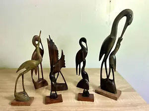Vintage Swahili Coast Carved Crane Figurine Set -7pcs Makonde Style, Horn & Wood - Picture 1 of 11