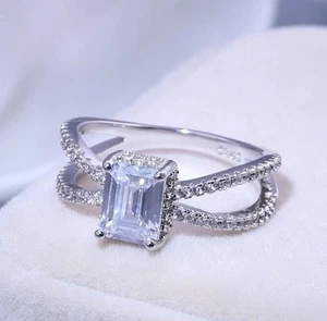Fancy Split Shank Ring 3Ct Emerald Cut Simulated Diamond 14K White Gold Plated - Picture 1 of 5