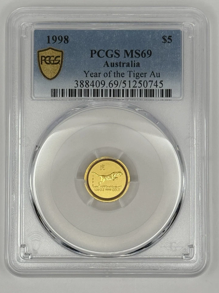 1998 $5 Australia 1/20 Oz Gold Bullion Lunar Coin • MS69 • Year of the Tiger (虎) - Image 1 of 4