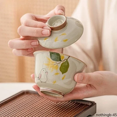 Cuenco de té taza de té de cerámica lindo conejo pintado a mano 150 ml de ceniza vegetal Gaiwan  Foto 1 de 4