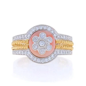 White Gold Coral & Diamond Flower Cluster Ring - 18k 0.55ctw Milgrain Rope - Picture 1 of 9