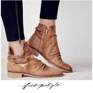 Free People Landslide Tan Distressed Leather Cutout Booties Ankle Boots Size 38 - Picture 1 of 11
