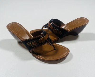 Cole Haan Zapatos Mujer Talla 8.5B Marrón Negro Sandalias de Cuña Hebilla Denim Slide Foto 1 de 4