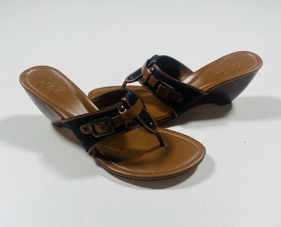 Cole Haan Zapatos Mujer Talla 8.5B Marrón Negro Sandalias de Cuña Hebilla Denim Slide Foto 1 de 4