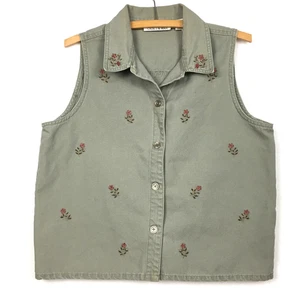 Vintage Casey & Max Vest Women's Medium Green Denim Floral Embroidered (READ) - Picture 1 of 15