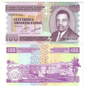 Banknote - 2011 Burundi, 100 Francs, P44b UNC, Prince Rwagasore(F)Construction(R - Picture 1 of 1