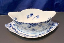 Royal Copenhagen Blue Fluted Full Lace Gravy Boat with stand trimmed edge - NEW