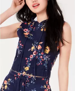 Tops For Women Size S Material Girl Floral Blue Sleeveless Hooded Crop - Picture 1 of 7