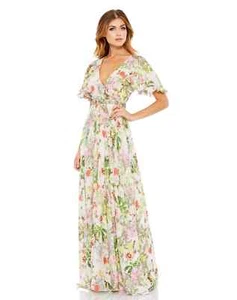 MAC DUGGAL 9079 Floral Print Chiffon Beaded Waist Flutter Sleeve Maxi Gown 16 XL - Picture 1 of 3