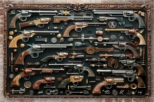★★ MAGNIFIQUE PLAQUE DECORATIVE : REVOLVERS / PISTOLETS / FARWEST / WESTERN ★★ G - Picture 1 of 1