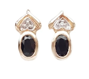 Solid 9ct Gold Natural Sapphire & Chip Diamond Stud Earrings. Bezel Set. 11x4mm - Picture 1 of 8