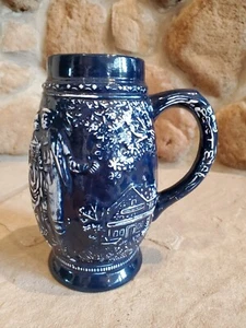 Blue Ceramic Stein Family Scene in Mountain Village w/ handle 7.25" tall - Picture 1 of 13