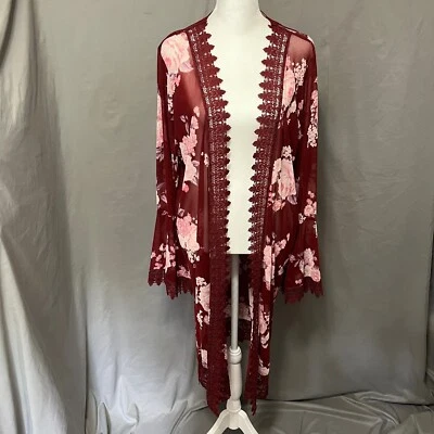 Polly & Esther Borgoña Kimono Plumero Floral Encaje Transparente Ligero Cubrir Foto 1 de 4