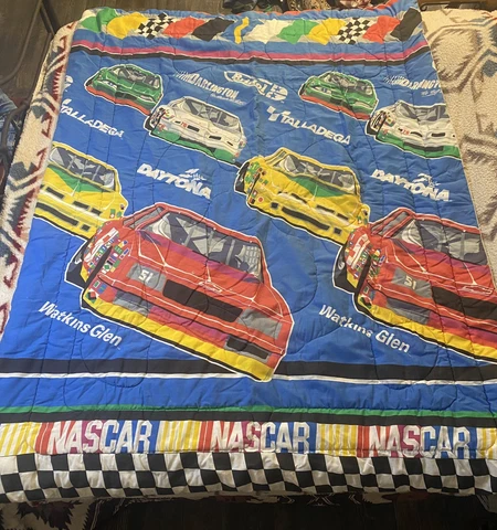 Vintage 90s NASCAR Blanket Twin Comforter Race Cars Daytona 84” X 58” Cover