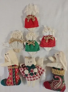 Vintage Fabric Christmas Ornaments Lot Of 7-- Rabbits, Cat, Dollies Country - Picture 1 of 6
