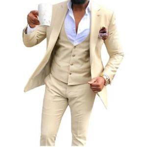 Men‘s Suits 3 Pieces Green Wool Business Pattern Wedding Pants Vest
