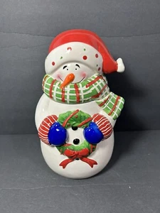 VTG Porcelain Christmas Frosty the Snowman Holding Wreath Cookie Jar Canister - Picture 1 of 8