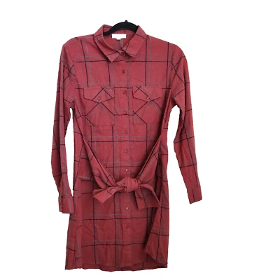 Entro Reddish Brown Button Down Shirt Dress Plaid Size Small Tie Waist - Image 1 of 4