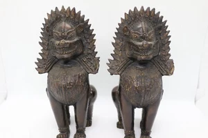 Antique Cambodia Khmer Dynasty Buddhism Statue Foo dog Lion Lucky Guardian Pair - Picture 1 of 14
