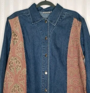 Chico's 2 Womens Sz M L Denim Leather Jacket Embroidery Beaded Asian Geisha EUC - Picture 1 of 8