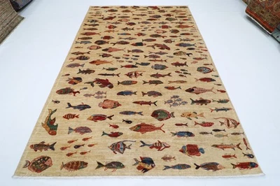 7x10 ft Oriental fish Beige Area Rug Afghan Hand Knotted Veg dye Wool Rug - Image 1 of 4