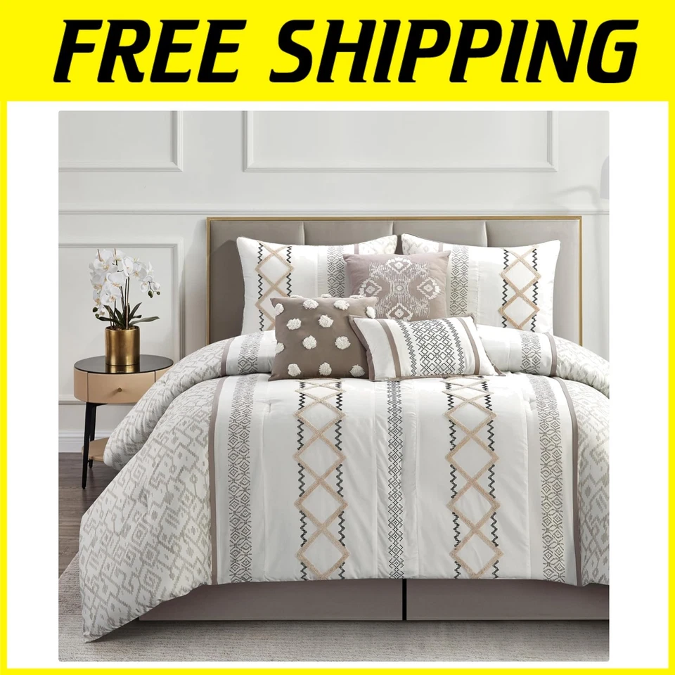 Elegante Juego de Edredón Taupe King con Bordado Geométrico Foto 1 de 4